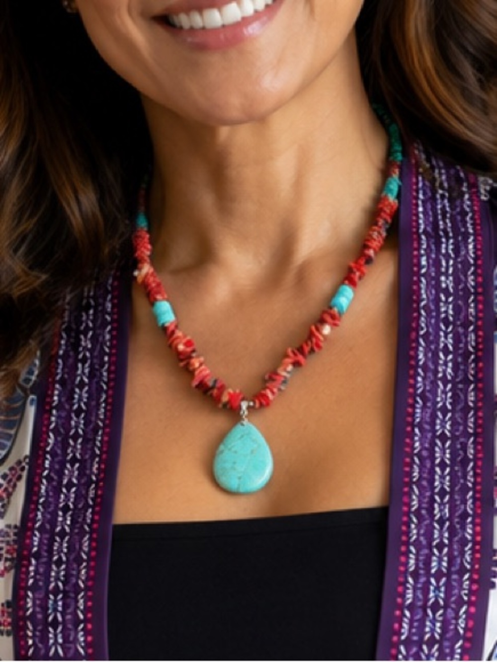 Red Coral & Blue TurquoiseTeardrop Pendant Necklace